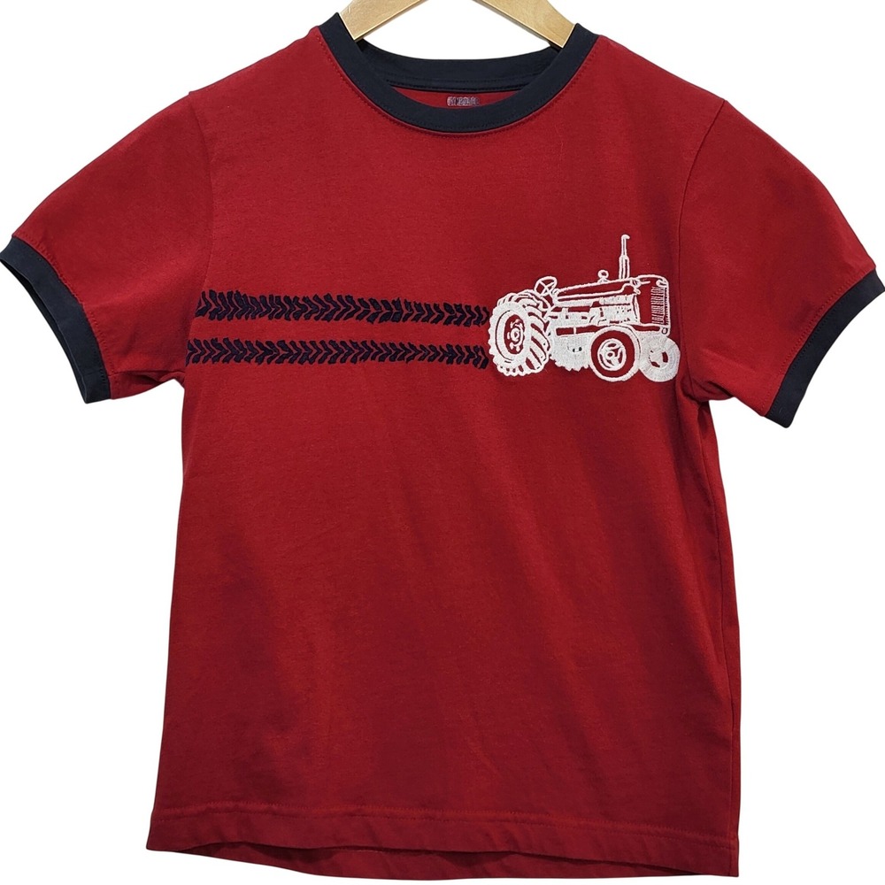 Gymboree Boys Size 8 Red‎ Navy Tractor Ringer Graphic T-Shirt 100% Cotton 2011